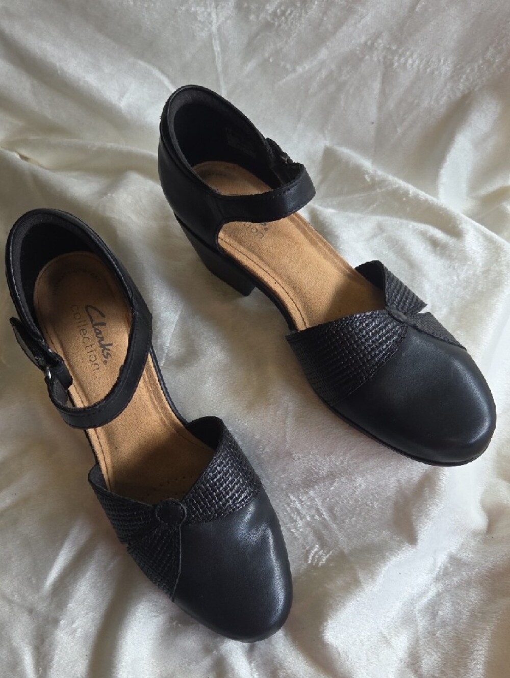 Clarks Black Leather Ankle-Strap Heels with Textured Vamp - Picture 2 of 7